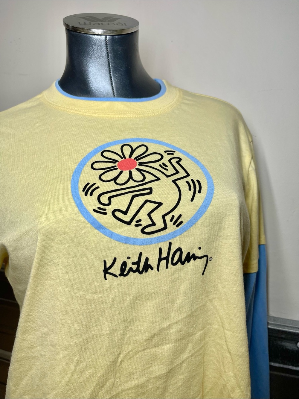 Keith Haring Graphic Crop Top Layered Look Yellow Blue Long Sleeve Womens - Picture 4 of 8